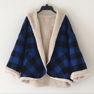 Blue Checkered Open Front Sherpa Hoodie NWOT